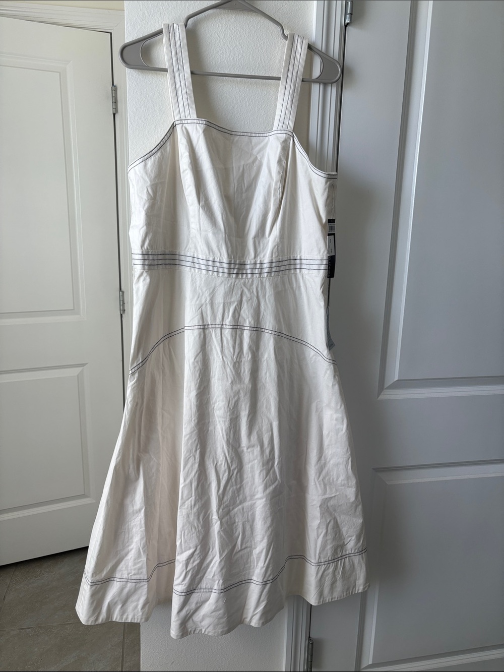 Maggy London White Midi A-Line Dress with Contrast Stitching